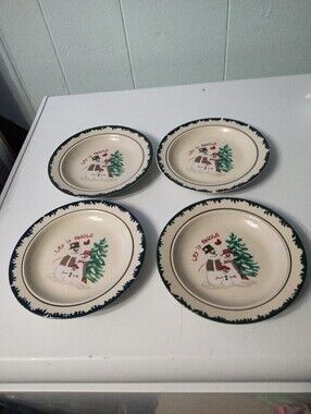 (4) Atico 1998 Holiday Snowman Dessert Plates - Green Trim (Set of 4)